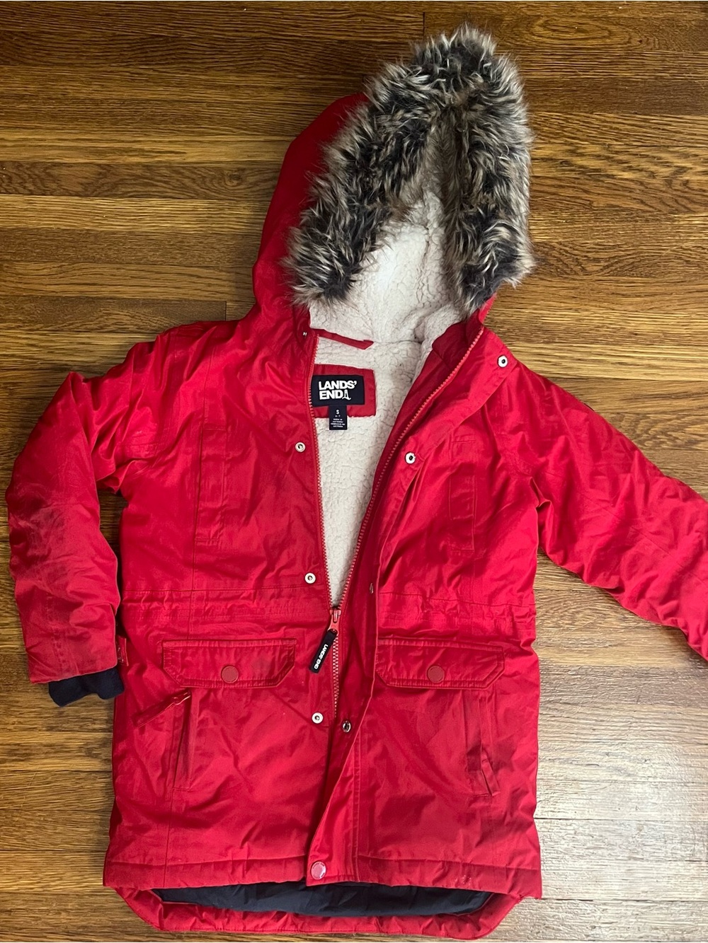 Lands end kids girls coat parka fur hood Sherpa S 6 7 duck down Red